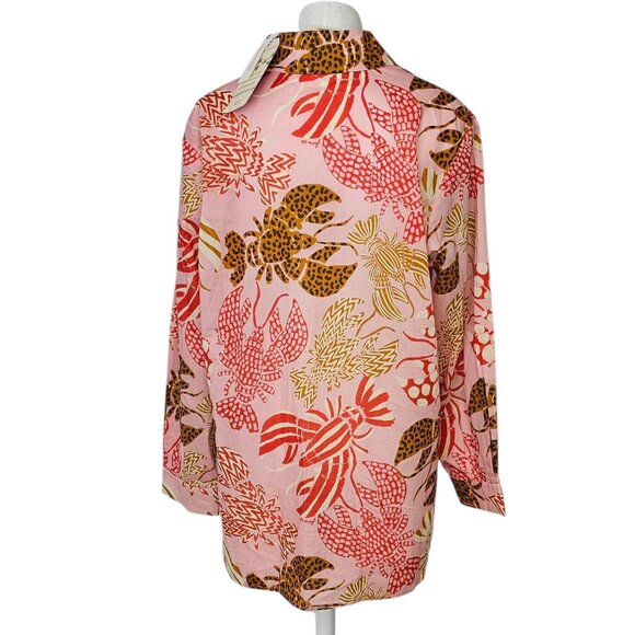 Farm Rio x Anthropologie Long-Sleeve Printed Buttondown Shirt Cheetah Lobster, S - Picture 4 of 9